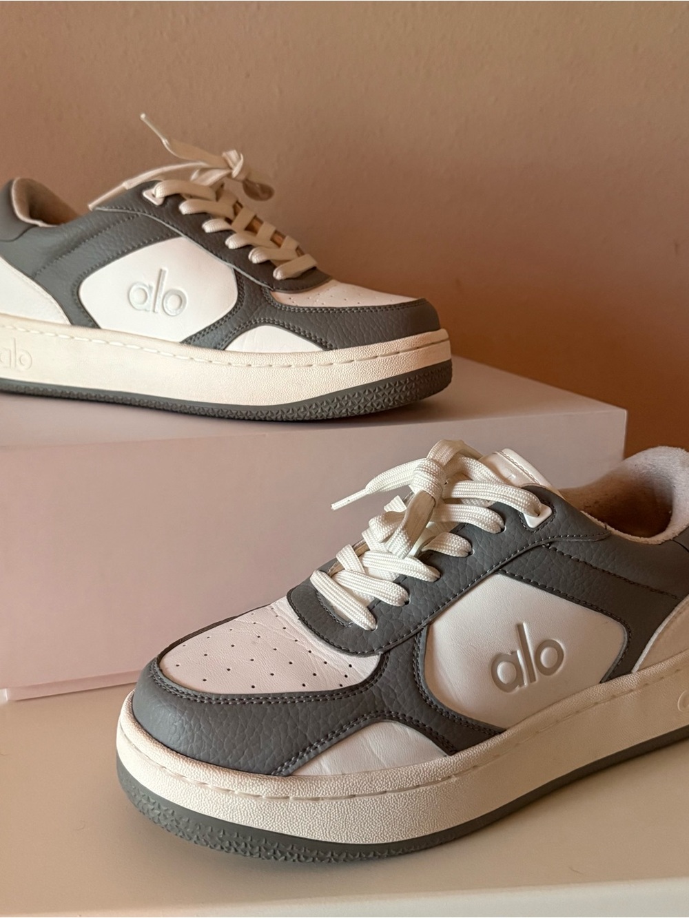 ALO Yoga White and Gray Retro Court Sneaker